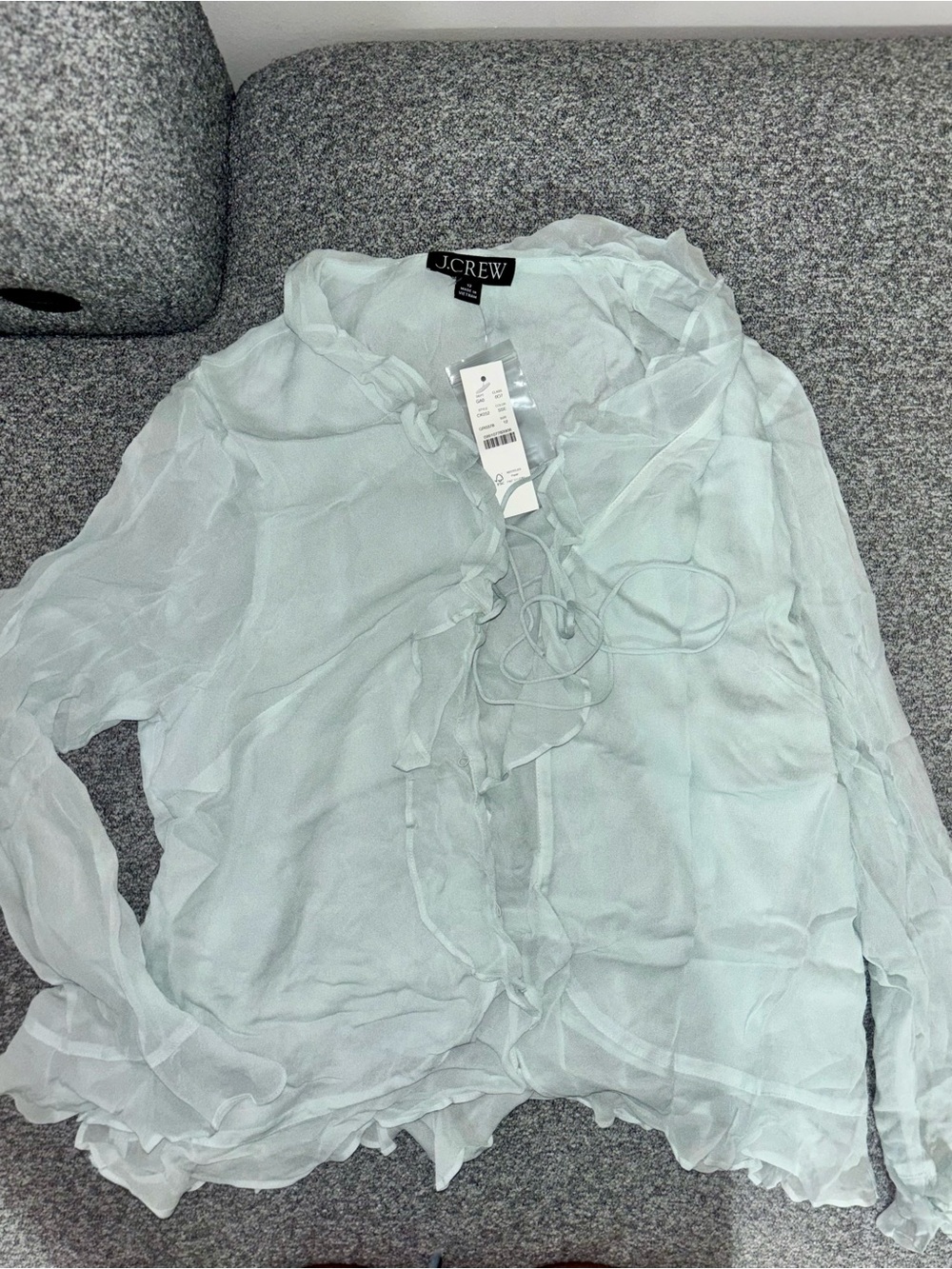 J. Crew Sheer Ruffle Tie-Front Blouse in Light Mint